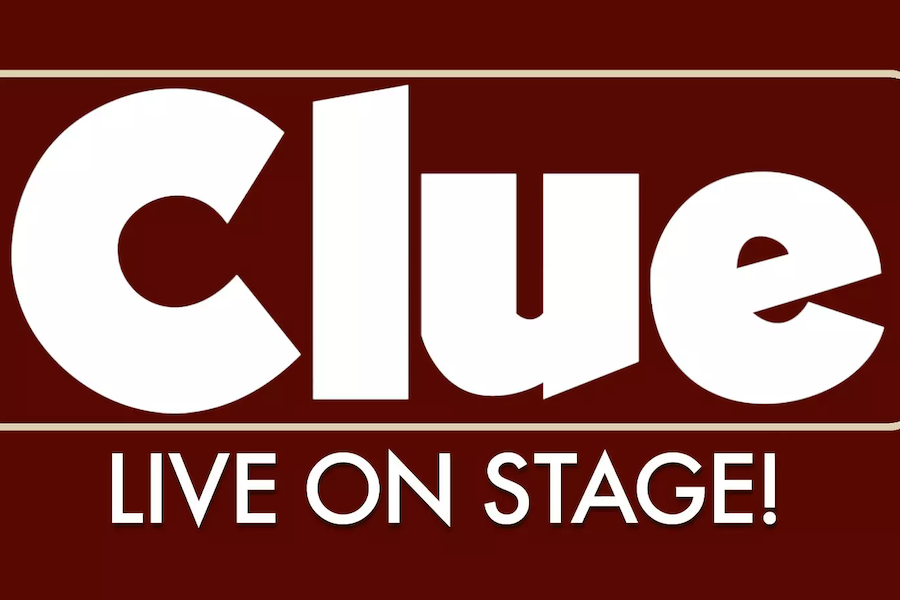 Logo for "Clue Live on Stage!" with bold white text on a dark red background, framed by thin beige lines.