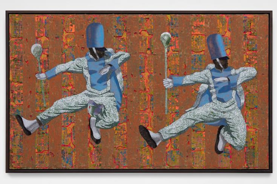 A vibrant painting by Derek Fordjour titled 'Airborne Double' from 2022, depicting two abstract figures in dynamic poses against a textured orange background, with blue and white clothing and headgear.