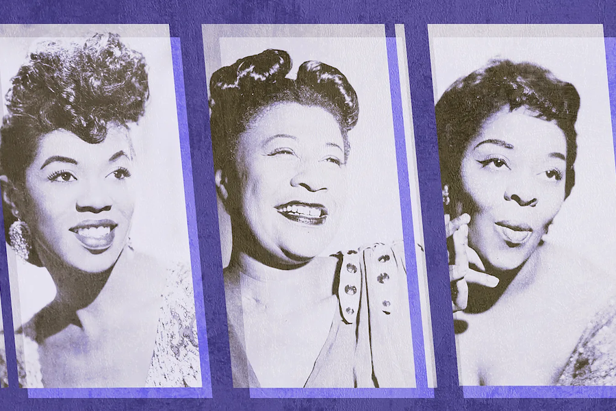 A collage of black and white photos of three iconic jazz singers: Sarah Vaughan, Ella Fitzgerald, and Dinah Washington, against a purple background.