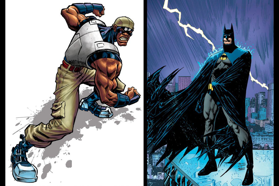 Comic-style illustration featuring a muscular street fighter on the left and Batman standing on a rooftop with lightning in the background on the right.