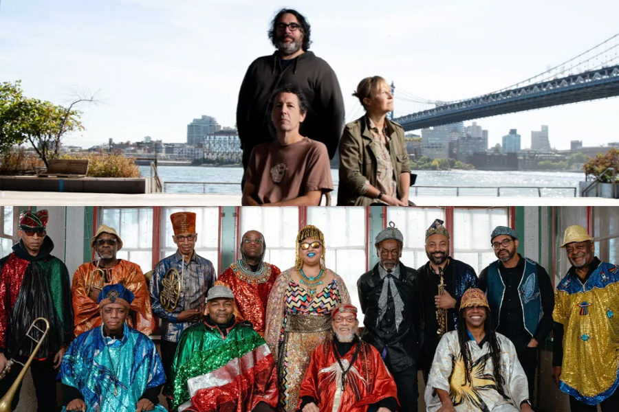 Split image featuring Yo La Tengo by a waterfront and Sun Ra Arkestra in vibrant, cosmic-themed attire.