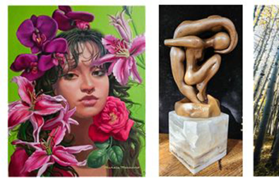 Four diverse artworks: a portrait with vibrant flowers, an abstract sculpture, a sunlit aspen forest, and a historical collage about Maryland emancipation.