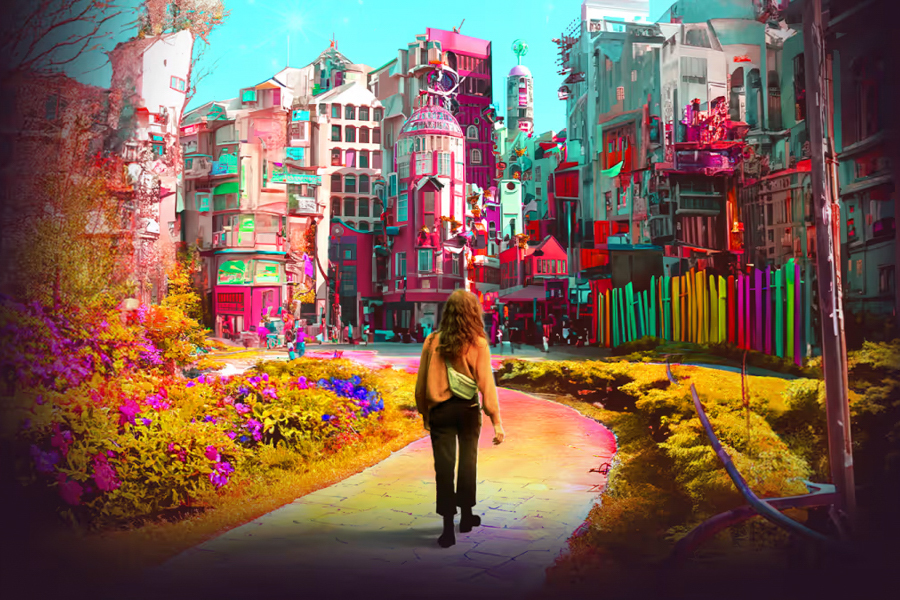 Person walking down a colorful path toward a vibrant, surreal cityscape with whimsical architecture and lush flowers.