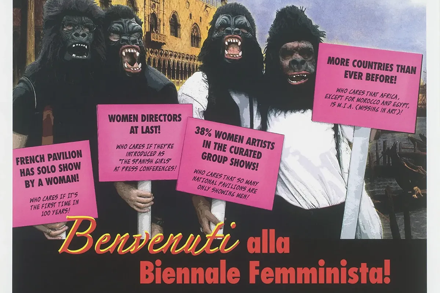 Graphic with gorillas holding signs for "Girls Making Trouble" 