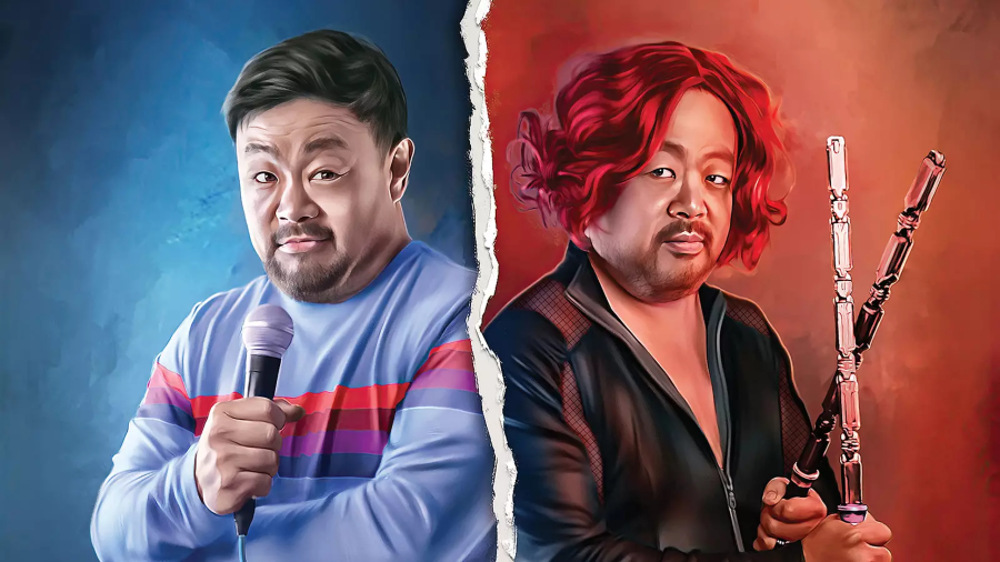 Stylized split portrait of comedian Chris Grace—one side holding a microphone in casual attire, the other dressed in dramatic costume with a flute.