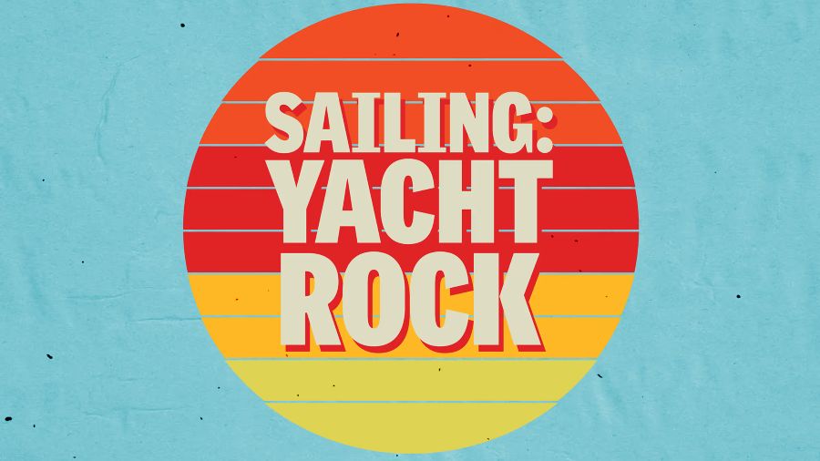 Retro-inspired circular graphic with sunset stripes and bold text that reads “Sailing: Yacht Rock” on a light blue background.