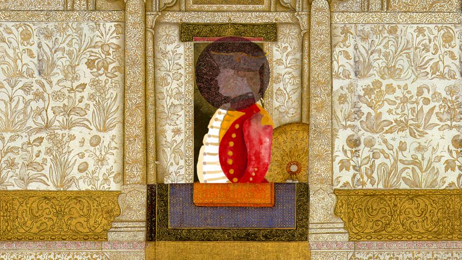 Ornate mixed-media artwork of a regal figure in silhouette seated within a lavish golden archway from The Last Post at SAAM.