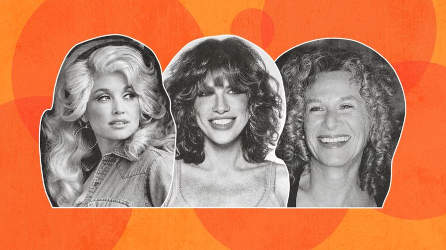 Black-and-white portraits of Dolly Parton, Carly Simon, and Carole King appear over an orange background in a tribute-style collage.
