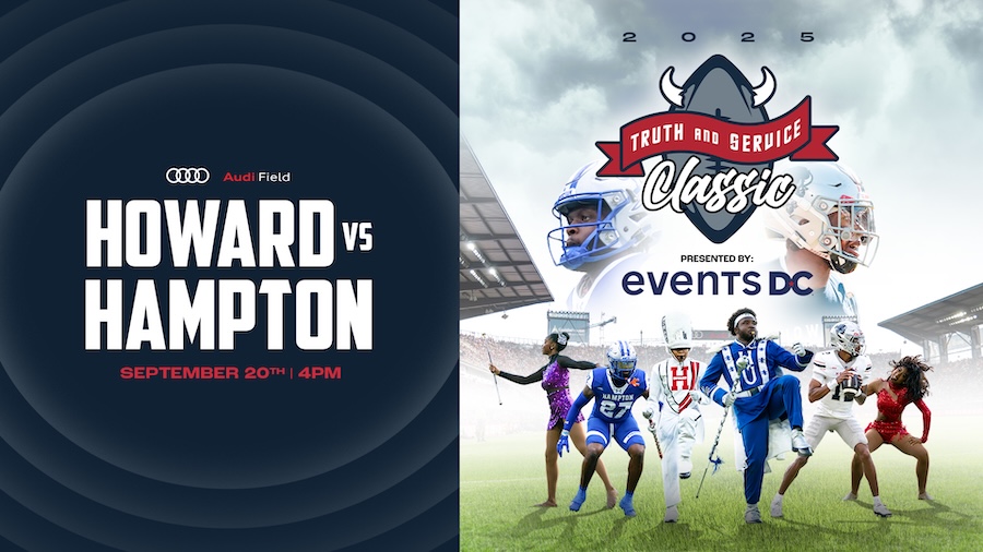 Promotional graphic for the 2025 Truth and Service Classic football game between Howard and Hampton at Audi Field on September 20 at 4p.m.