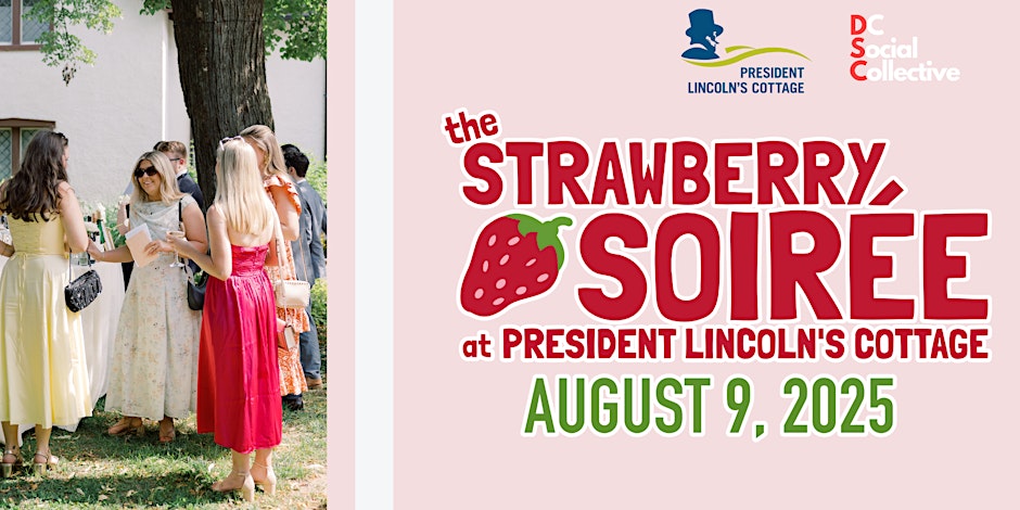 Guests mingle outdoors during the Strawberry Soirée at President Lincoln’s Cottage in Washington, DC.