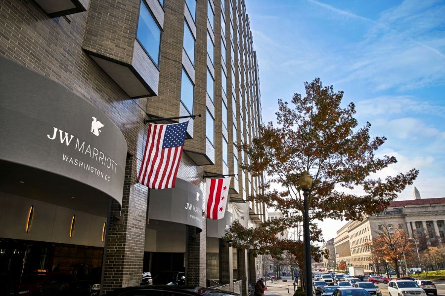 JW Marriott Washington, DC Exterior with U.S. and DC flags