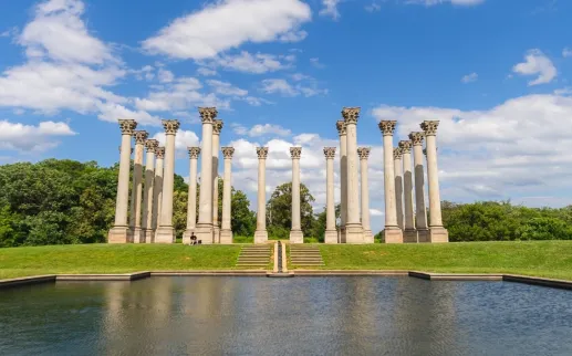 The National Capitol Columns stand tall on a grassy hill reflected in a pond at the U.S. National Arboretum under a bright blue sky.