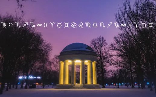 A photo of the DC War Memorial glowing against a purple night sky with icons of each zodiac sign incorporated into the background.