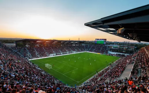 @dcunited - Audi Field at sunset during a D.C. United professional soccer game - Sports venues in Washington, DC
