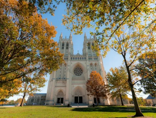 Washington National Cathedral framed by trees with fall colors.