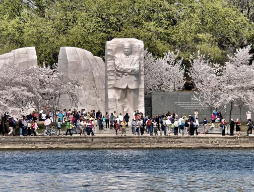 MLK Memorial across tidal basin cherry blossoms with a crowd of people