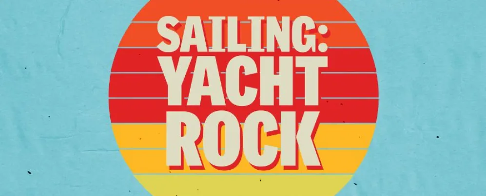 Retro-inspired circular graphic with sunset stripes and bold text that reads “Sailing: Yacht Rock” on a light blue background.