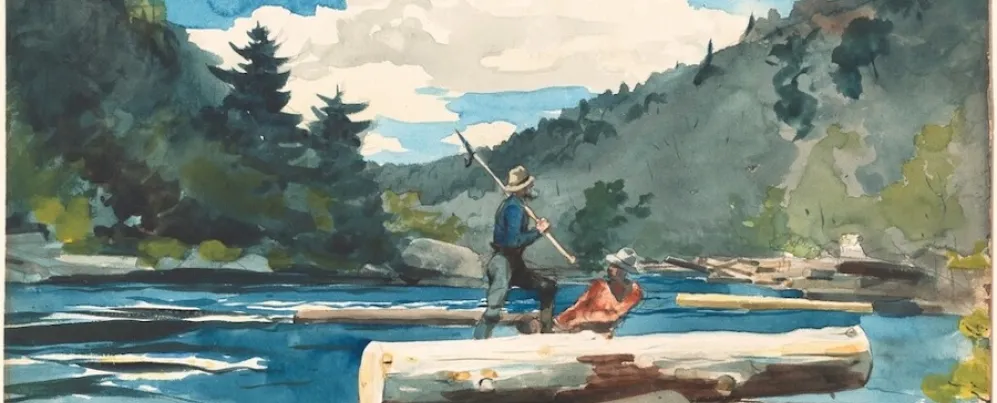 A watercolor painting shows two men riding logs down a scenic river with forested hills.