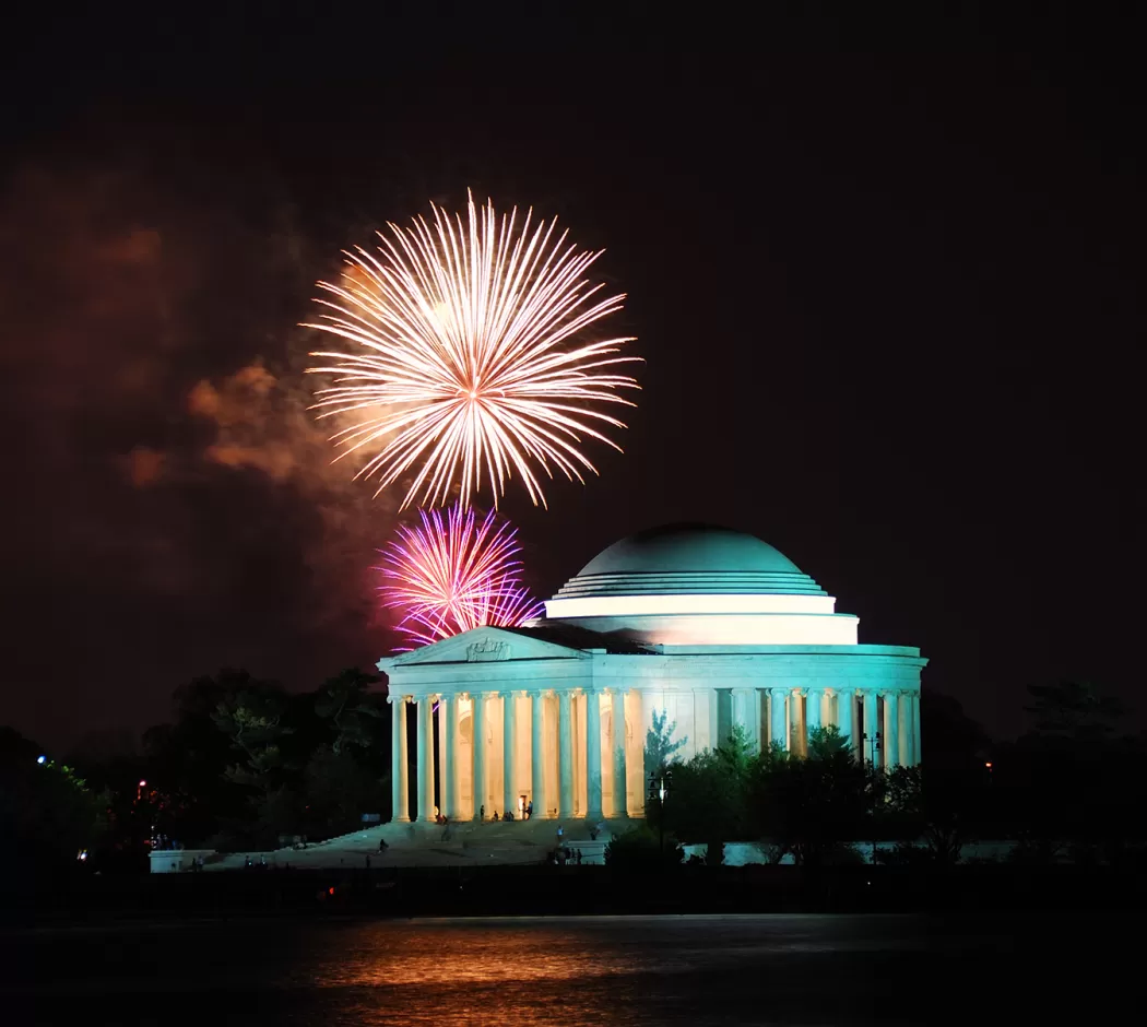 Thomas Jefferson Memorial with Fireworks in the night sky
