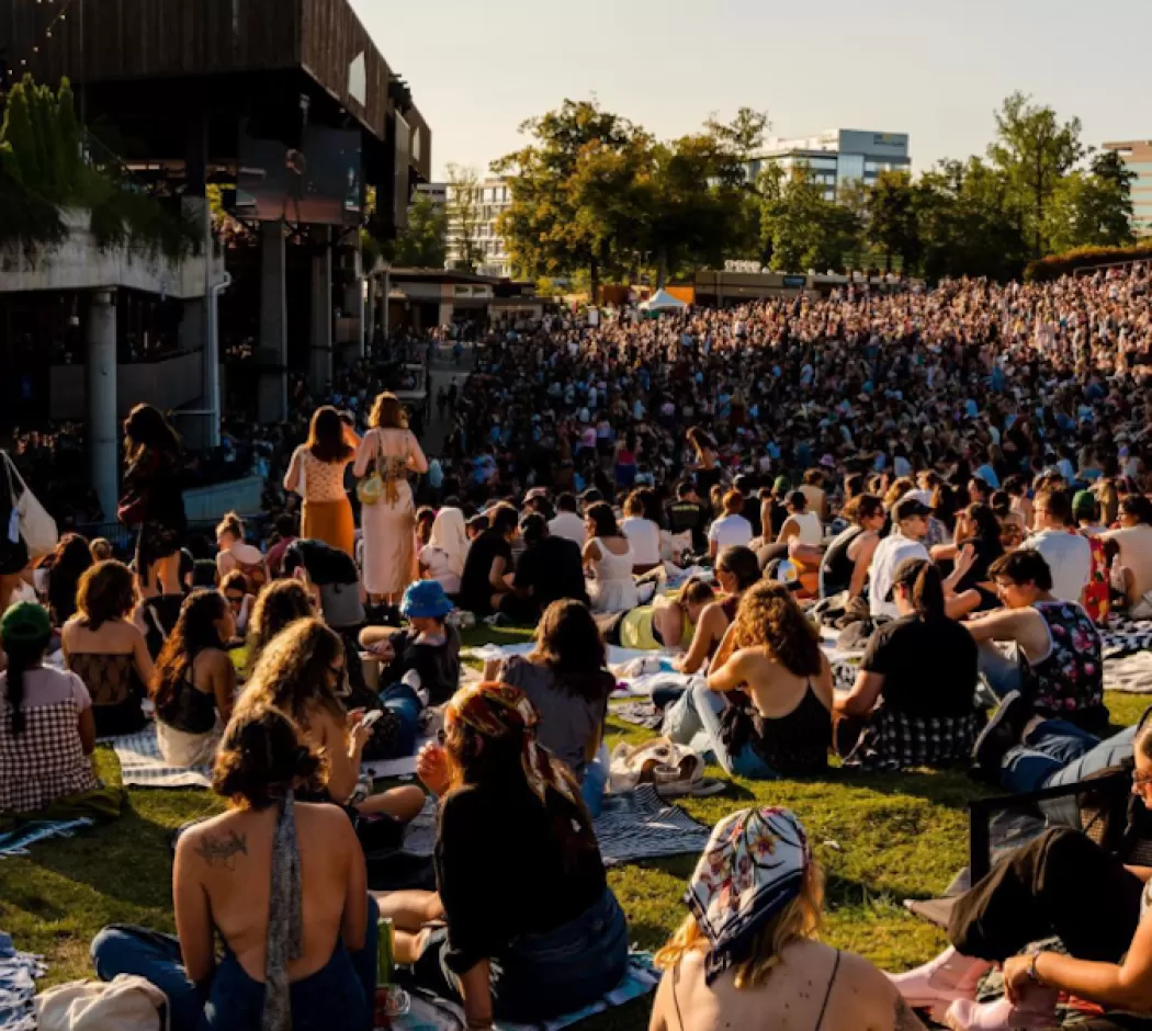 concertgoers seated on the lawn in front of a pavilion